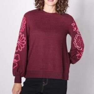 DG2 Diane Gilman Women's Embroidered Sleeve Sweater, Dark Cherry Jersey, Size L